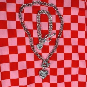 Juicy Couture Heart Rhinestoned Toggle Necklace and Bracelet Set Y2K